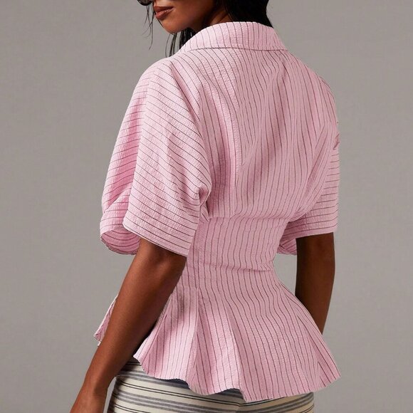 Pink Women's Casual Minimalist Striped button down cinched Waist Shirt - Picture 2 of 5